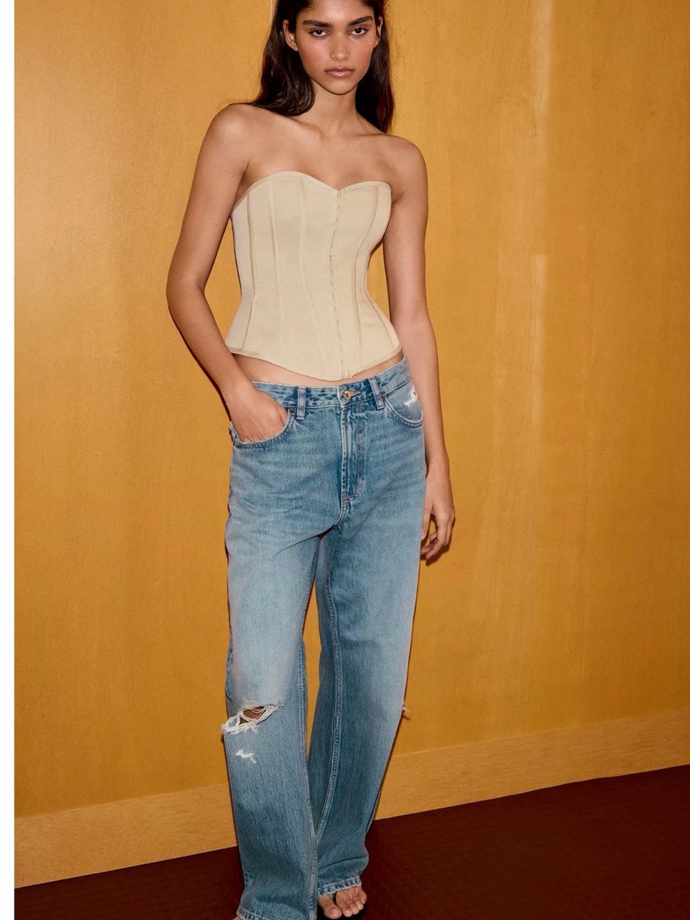 Beige Strapless Corset Top with Light Blue Women's Jeans